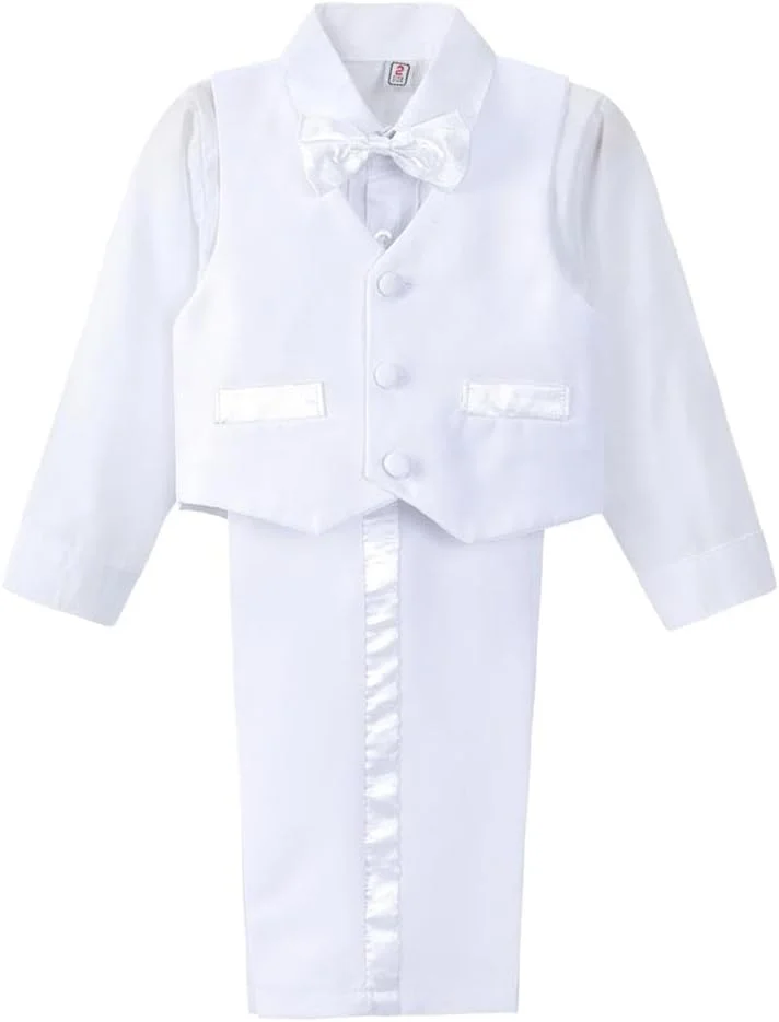 Dressy Daisy ست 5 تکه لباس رسمی تاکسیدو پسرانه نوزادی و نوپا بدون دم، مناسب عروسی، غسل تعمید، سفید (ساتن)، 5 سال Dressy Daisy ست 5 تکه لباس رسمی تاکسیدو پسرانه نوزادی و نوپا بدون دم، مناسب عروسی، غسل تعمید، سفید (ساتن)، 5 سال