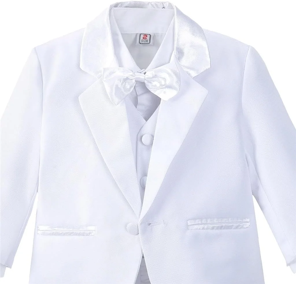 Dressy Daisy ست 5 تکه لباس رسمی تاکسیدو پسرانه نوزادی و نوپا بدون دم، مناسب عروسی، غسل تعمید، سفید (ساتن)، 5 سال Dressy Daisy ست 5 تکه لباس رسمی تاکسیدو پسرانه نوزادی و نوپا بدون دم، مناسب عروسی، غسل تعمید، سفید (ساتن)، 5 سال
