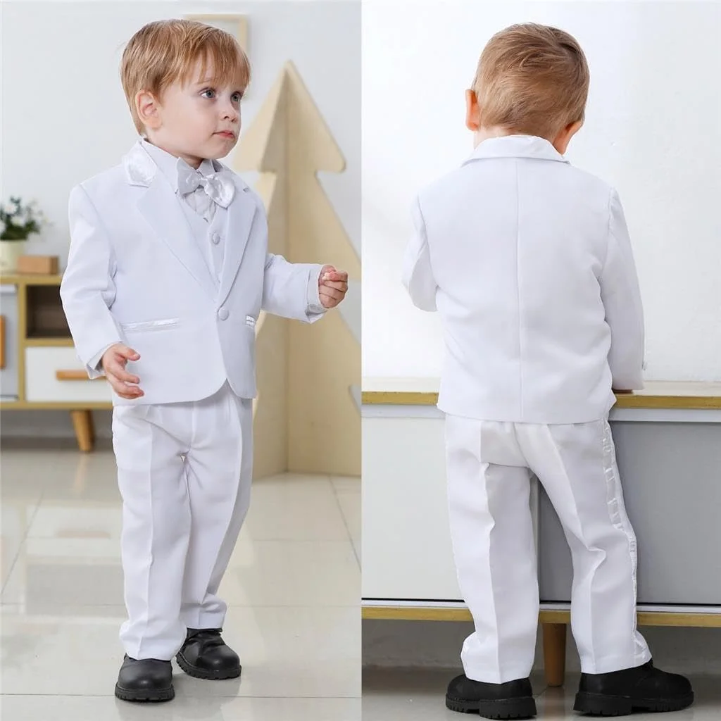 Dressy Daisy ست 5 تکه لباس رسمی تاکسیدو پسرانه نوزادی و نوپا بدون دم، مناسب عروسی، غسل تعمید، سفید (ساتن)، 5 سال Dressy Daisy ست 5 تکه لباس رسمی تاکسیدو پسرانه نوزادی و نوپا بدون دم، مناسب عروسی، غسل تعمید، سفید (ساتن)، 5 سال