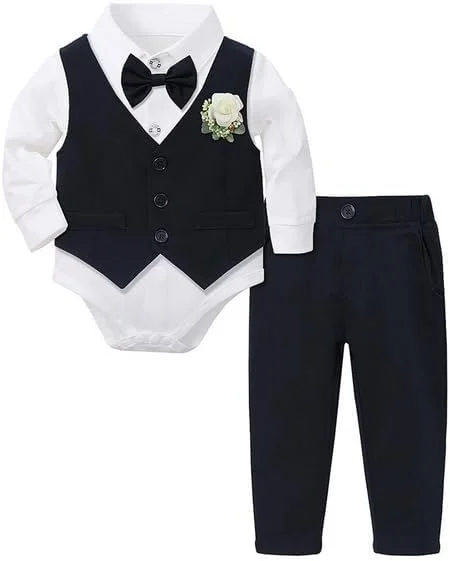ست لباس پسرانه مجلسی Yoolhamy برای نوزادان 0-18 ماهه، شامل بادی آستین بلند، شلوار، جلیقه، پاپیون و گل سینه
