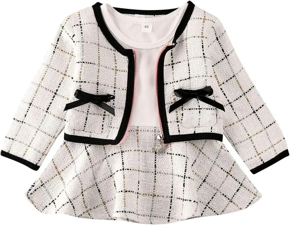 ست 2 تکه دخترانه شامل ژاکت پشمی چهارخانه آستین بلند و دامن توتو چهارخانه مناسب مهمانی و مجالس رسمی