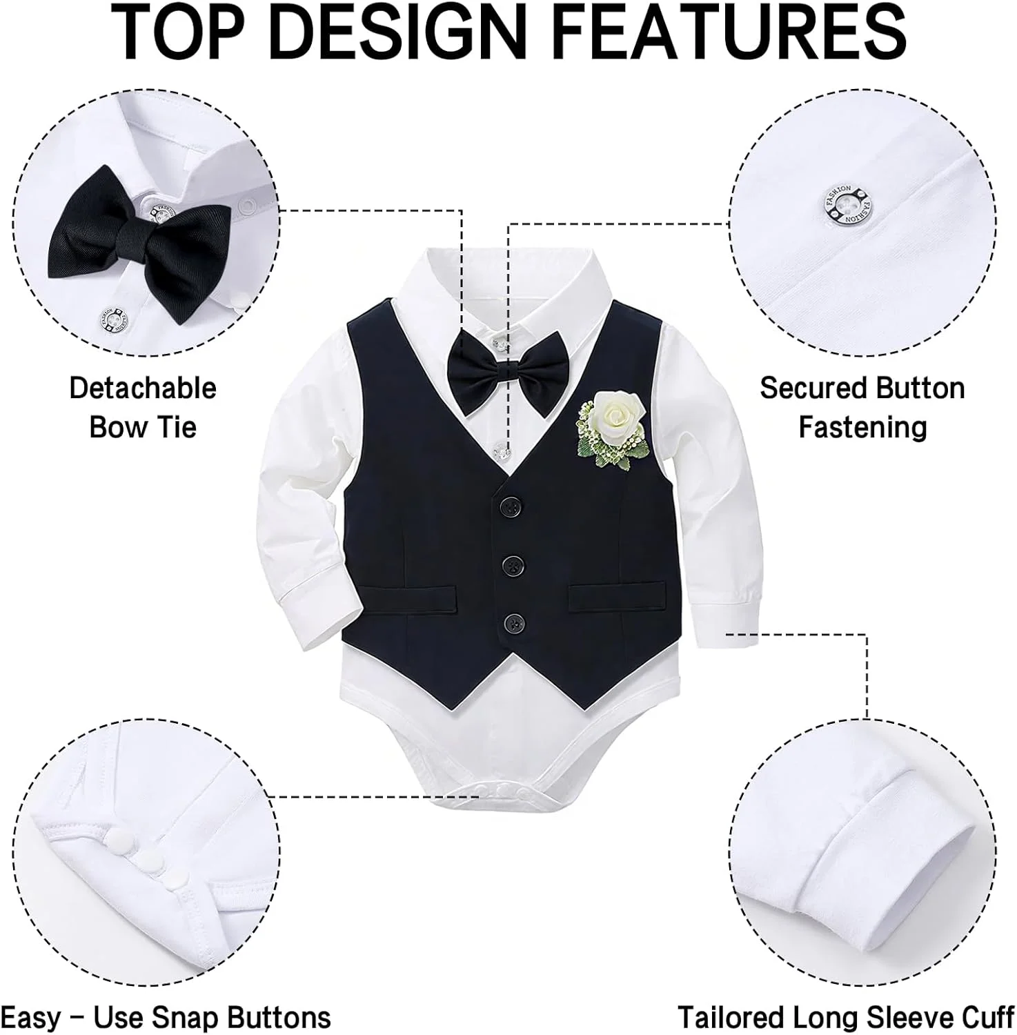 ست لباس پسرانه مجلسی Yoolhamy برای نوزادان 0-18 ماهه، شامل بادی آستین بلند، شلوار، جلیقه، پاپیون و گل سینه