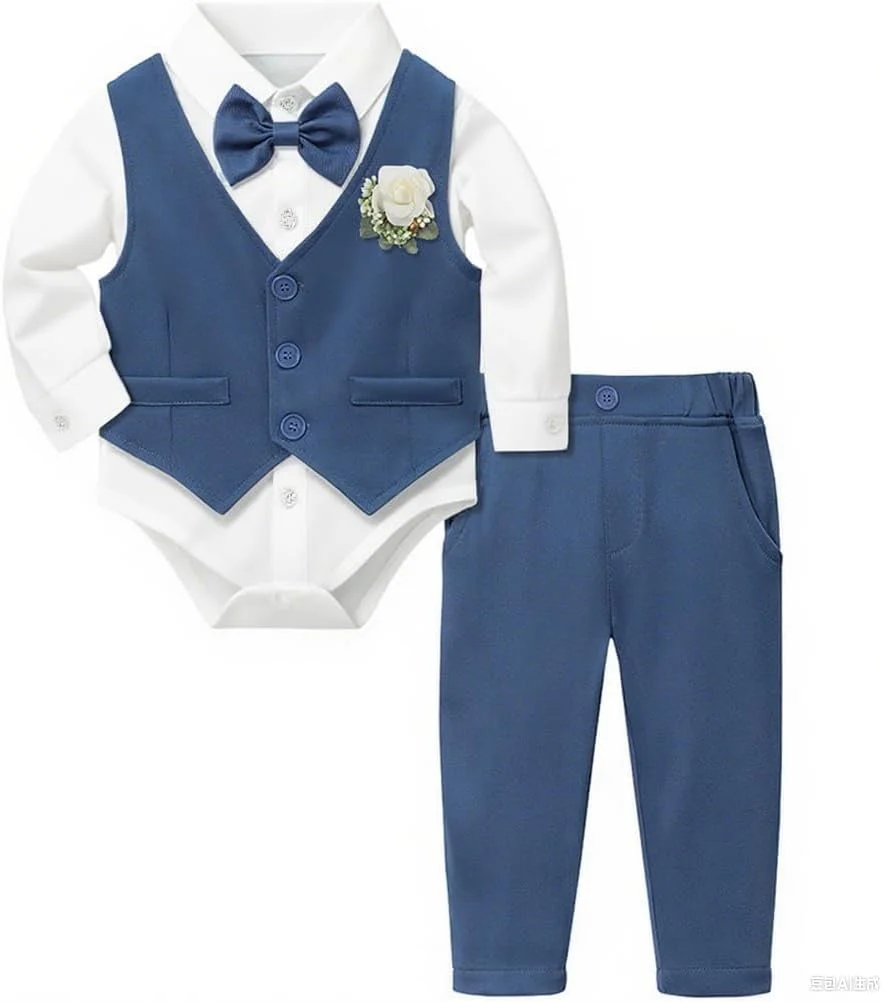 ست لباس پسرانه مجلسی Yoolhamy مناسب نوزادان 0 تا 18 ماه، شامل بادی آستین بلند، شلوار، جلیقه، پاپیون و گل سینه