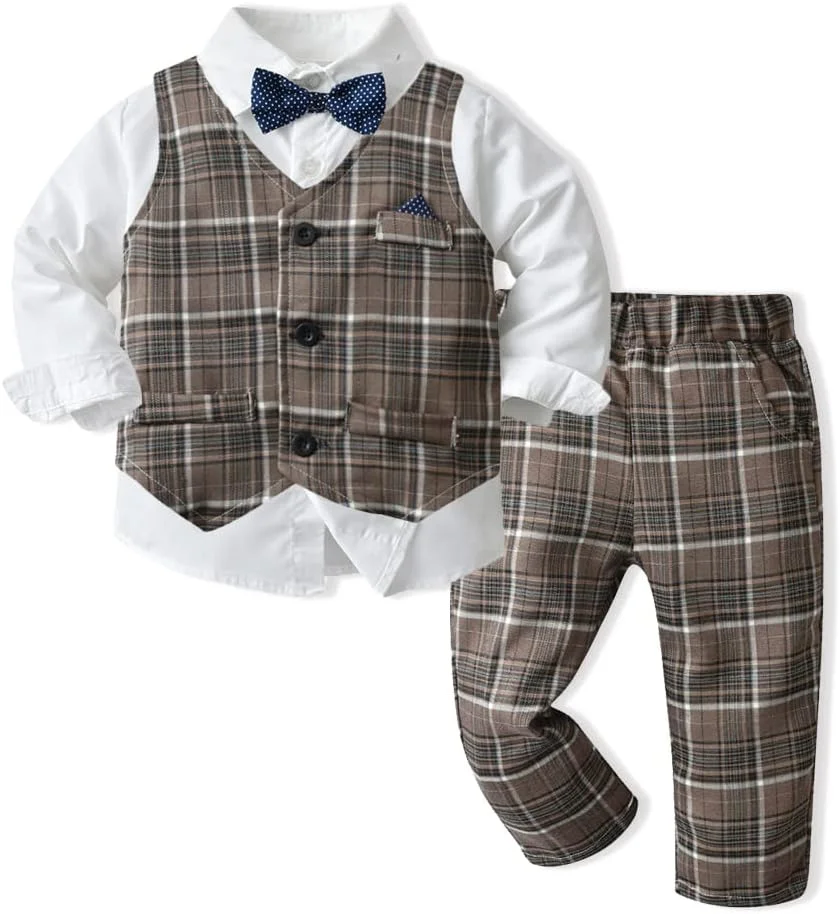 ست لباس رسمی پسرانه Xirubaby، کت و شلوار جنتلمن کودک، شامل پیراهن+جلیقه+شلوار، 3 تکه، تاکسیدو، 6 ماه تا 6 سال