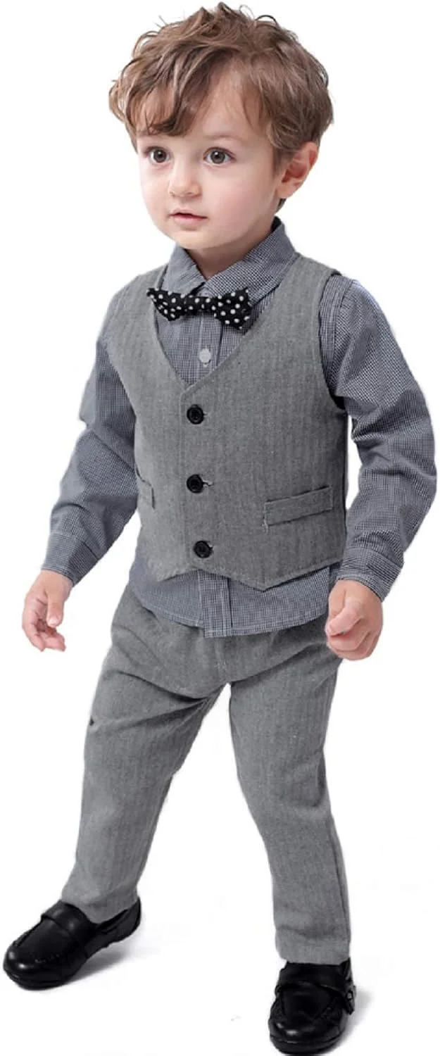 ست لباس جنتلمن پسرانه شامل پیراهن، پاپیون، جلیقه و شلوار 3 تکه