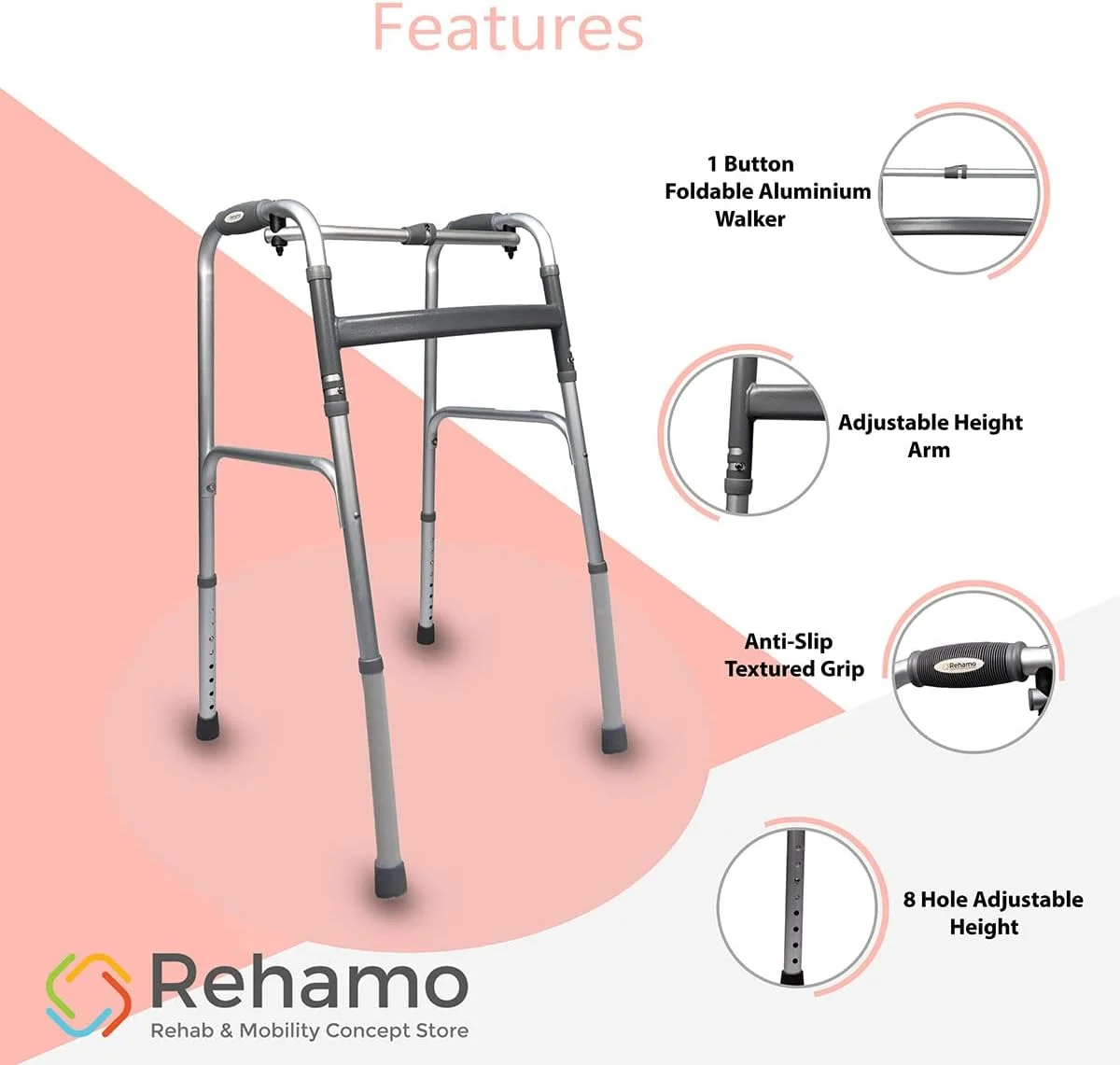 واکر آلومینیومی تاشو سبک وزن Rehamo بدون چرخ | قابل حمل و تاشو برای سالمندان، بزرگسالان، بیماران و افراد معلول | واکر پزشکی داخلی و خارجی بدون چرخ واکر آلومینیومی تاشو سبک وزن Rehamo بدون چرخ | قابل حمل و تاشو برای سالمندان، بزرگسالان، بیماران و افراد معلول | واکر پزشکی داخلی و خارجی بدون چرخ