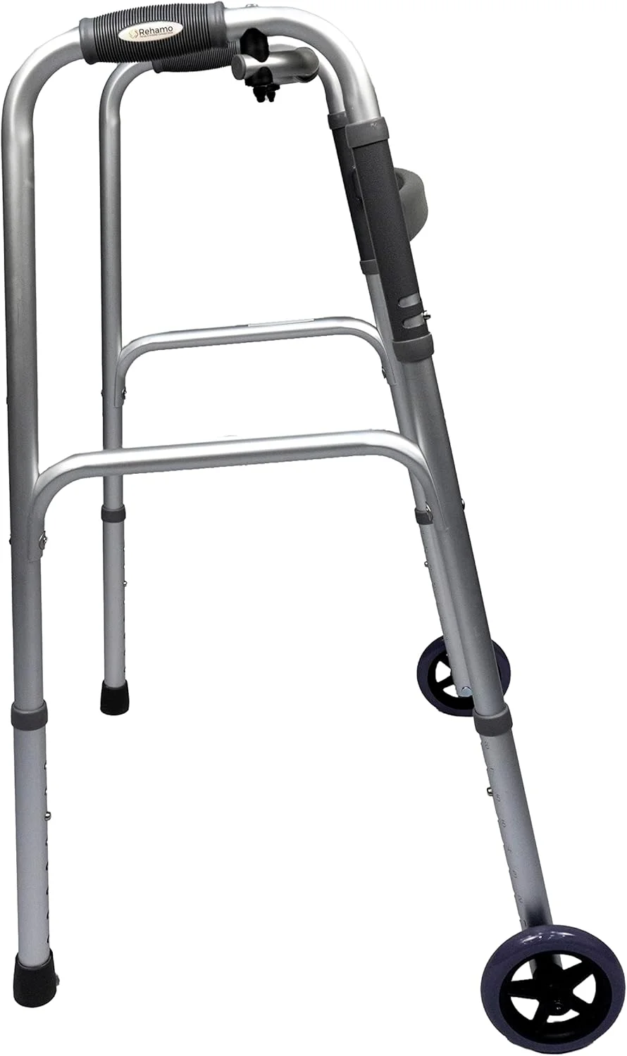 واکر آلومینیومی قابل تنظیم ارتفاع Rehamo با چرخ | واکر تاشو برای سالمندان، افراد مسن، معلولان و بزرگسالان | قاب پیاده روی قابل حمل برای استفاده در داخل و خارج از منزل | ظرفیت وزنی - 120 کیلوگرم