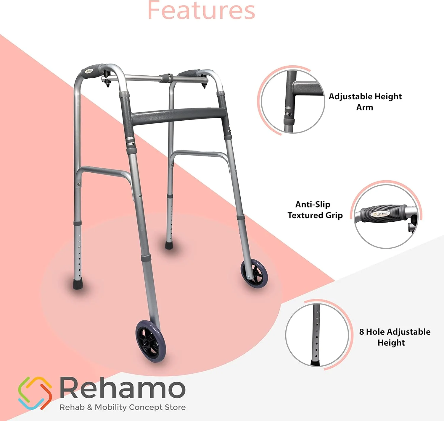 واکر آلومینیومی قابل تنظیم ارتفاع Rehamo با چرخ | واکر تاشو برای سالمندان، افراد مسن، معلولان و بزرگسالان | قاب پیاده روی قابل حمل برای استفاده در داخل و خارج از منزل | ظرفیت وزنی - 120 کیلوگرم