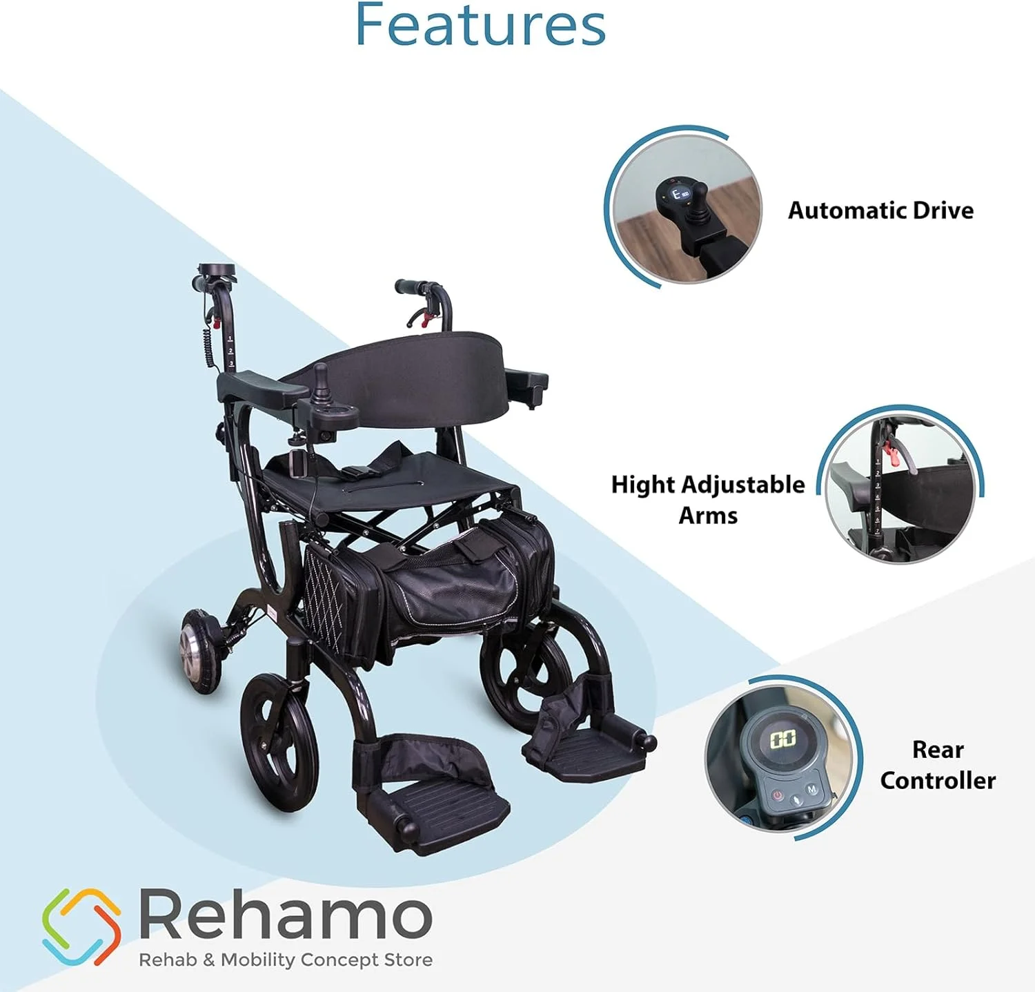 واکر رولیتور برقی تاشو چند منظوره Rehamo با ترمز | فریم آلومینیومی بادوام | واکر رولیتور قابل تنظیم برای سالمندان و افراد مسن | ظرفیت وزنی 136 کیلوگرم، رنگ مشکی