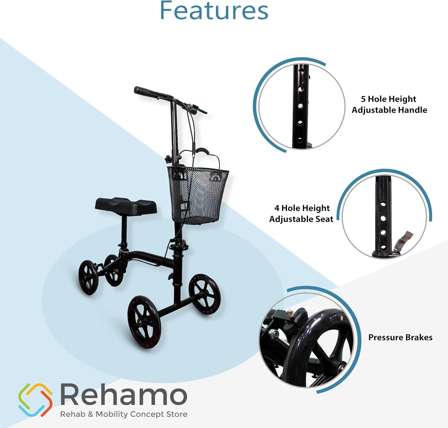 اسکوتر زانو تاشو Rehamo (دسته کروم) با ترمز دستی برای سالمندان، معلولان، بزرگسالان و افراد مسن | اسکوتر زانو تاشو برای پای شکسته، آسیب دیدگی مچ پا، جراحی پا | اسکوتر واکر پزشکی