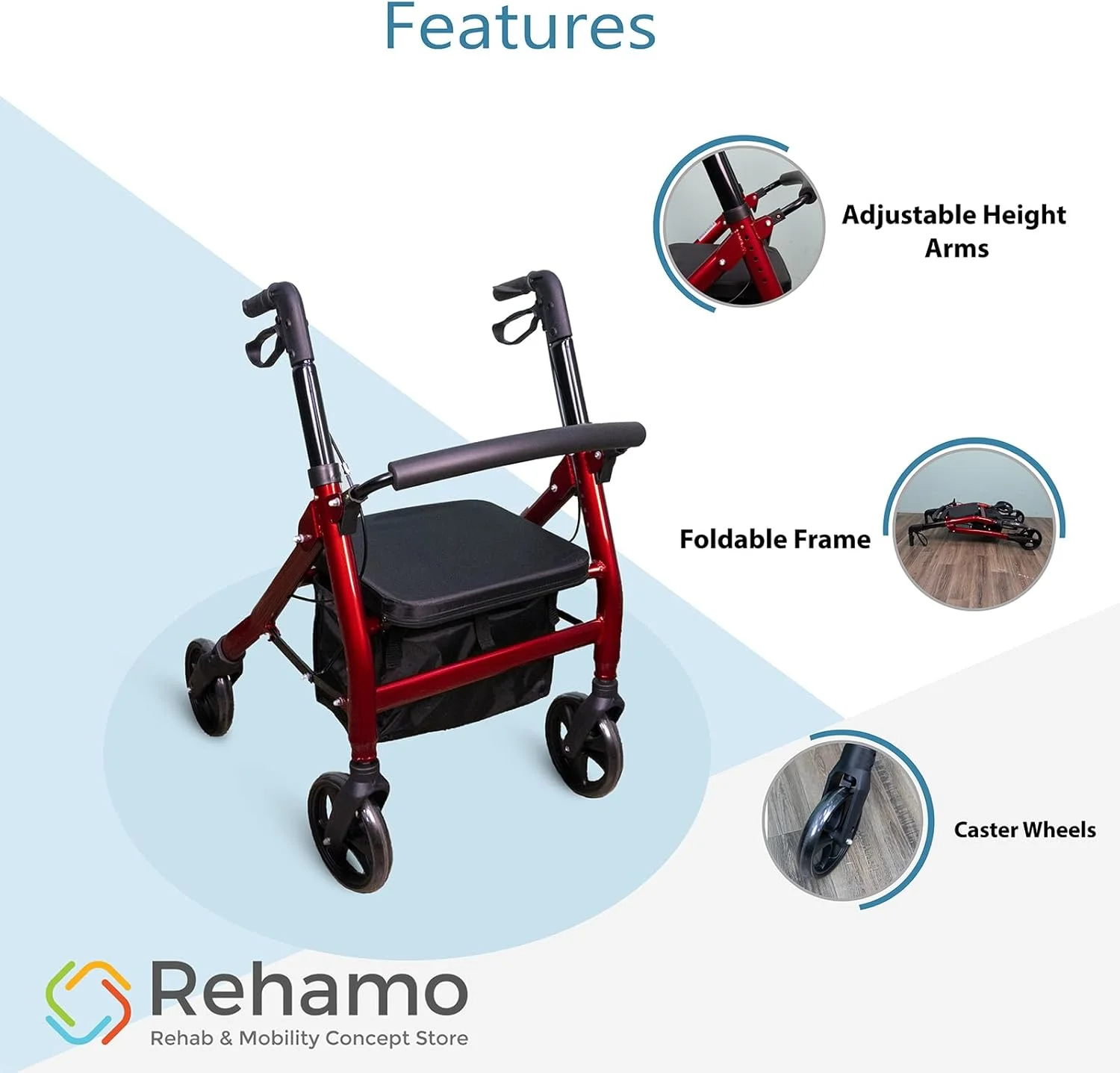 واکر رولیتور تاشو سنگین وزن باریاتریک Rehamo - قابل تنظیم ارتفاع، ظرفیت وزنی 230 کیلوگرم | مناسب بزرگسالان با 4 چرخ بزرگ 8 اینچی | وزن واحد 8.8 کیلوگرم