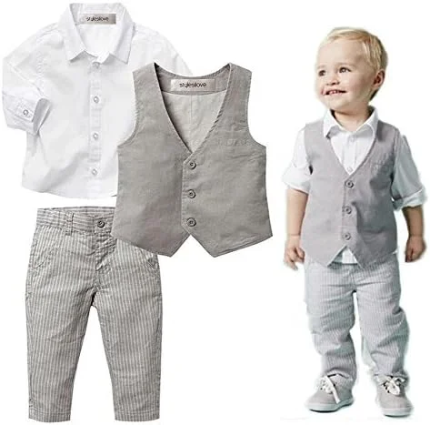 stylesilove لباس رسمی نوزادی پسرانه شامل پیراهن، جلیقه و شلوار 3 تکه، خاکی، سایز 2-3T