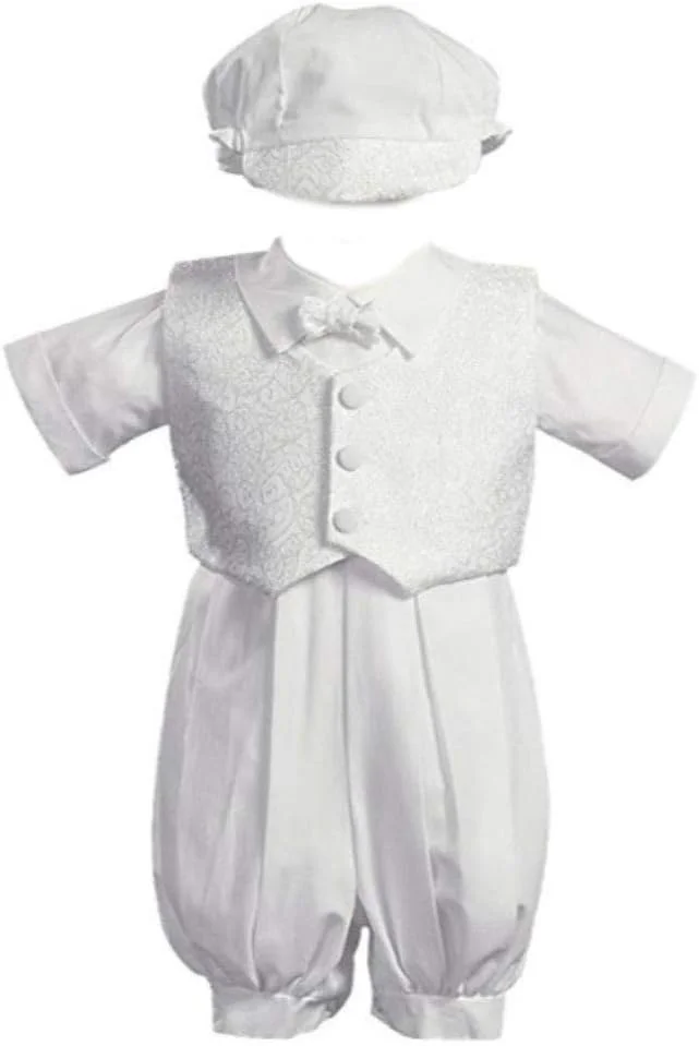 ست رامپر نوزاد پسرانه سفید رنگ از جنس پلی کتان مناسب مراسم تعمید و غسل با جلیقه و کلاه