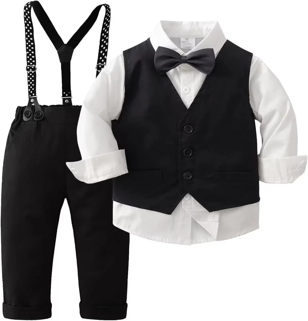 ست لباس جنتلمن 4 تکه پسرانه Puremlik شامل پیراهن، پاپیون، جلیقه و شلوار برای کودکان نوپا