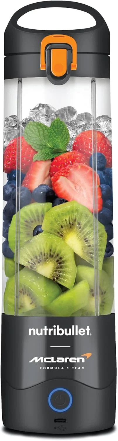 مخلوط کن قابل حمل نوتری بولت نسخه تیم فرمول یک مک لارن – 590 میلی لیتر مشکی/نارنجی، درب ضد نشت، تیغه استخراج قدرتمند، قابل شارژ با USB-C، 15+ مخلوط، آبمیوه و اسموتی، مدل NB-MC475G، 1 سال گارانتی