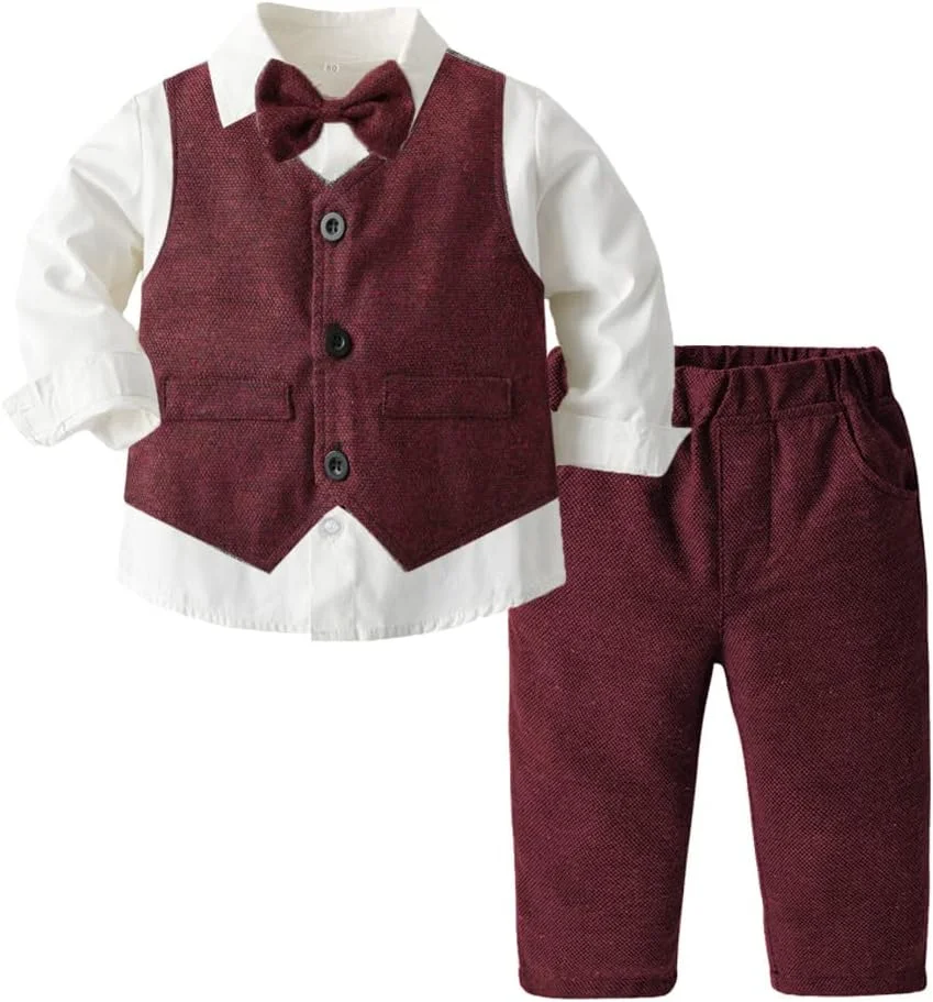 ست لباس پسرانه نوپا، لباس جنتلمن پسرانه شامل پیراهن رسمی+جلیقه+شلوار+پاپیون سایز 1-5 سال