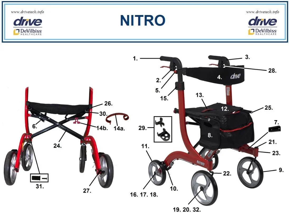 قطعات یدکی Drive Medical برای رولیتور آلومینیومی نیترو، مناسب برای واحد استاندارد/بلند نیترو مشکی (7. کیف - خاکستری با نوار مشکی)
