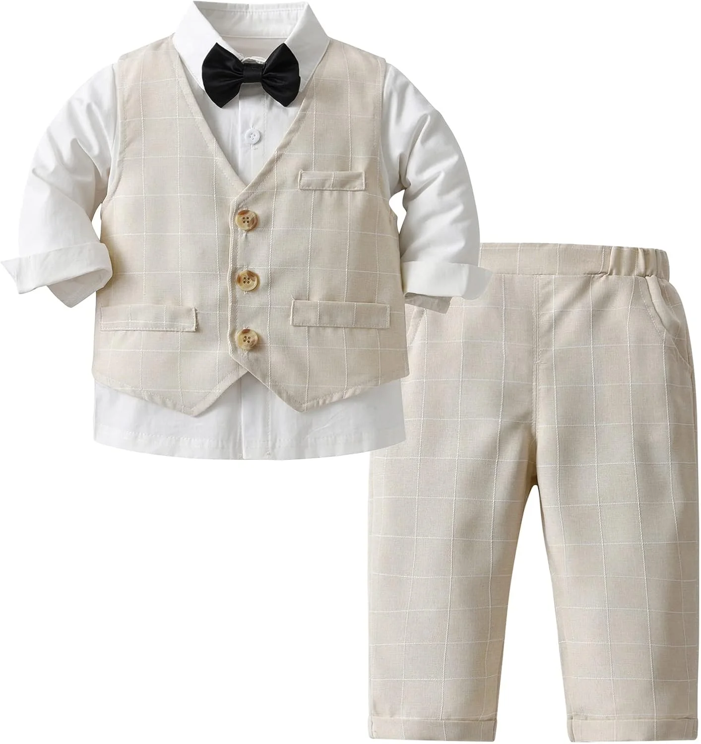 ست کت و شلوار رسمی نوزادی SEAUR، لباس تاکسیدو جنتلمن برای عروسی، ست 4 تکه لباس رسمی با شلوار، جلیقه، پیراهن برای نوزاد پسر، بژ، سایز 100 (1-2 سال)