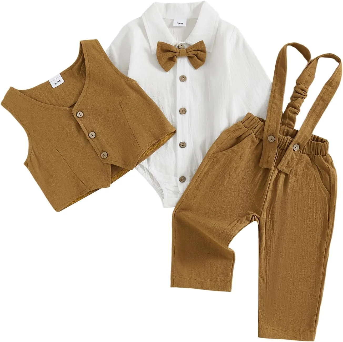 ست لباس نوزاد پسرانه Santikisler، پیراهن آستین بلند، رامپر، پاپیون، جلیقه، شلوار بند دار، لباس پاییزی