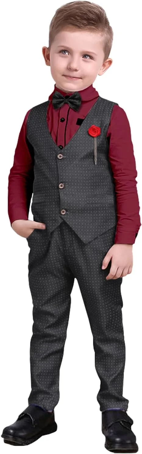 ست کت و شلوار پسرانه Nwada، 4 تکه، مدل جنتلمن، شامل کت تک، شلوار، جلیقه، پیراهن، پاپیون، مناسب برای کودکان 2 تا 7 سال