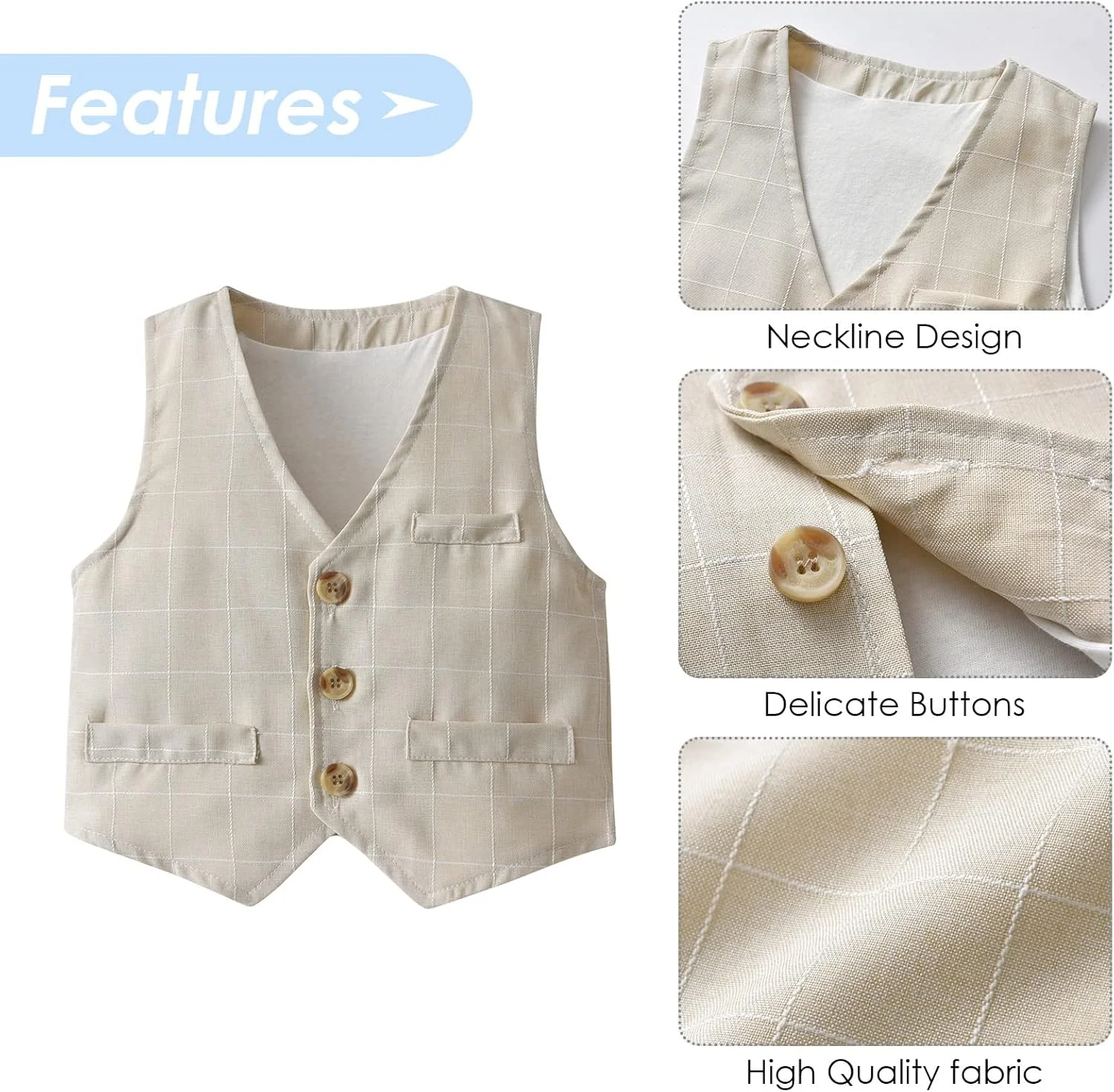 ست کت و شلوار رسمی نوزادی SEAUR، لباس تاکسیدو جنتلمن برای عروسی، ست 4 تکه لباس رسمی با شلوار، جلیقه، پیراهن برای نوزاد پسر، بژ، سایز 100 (1-2 سال)