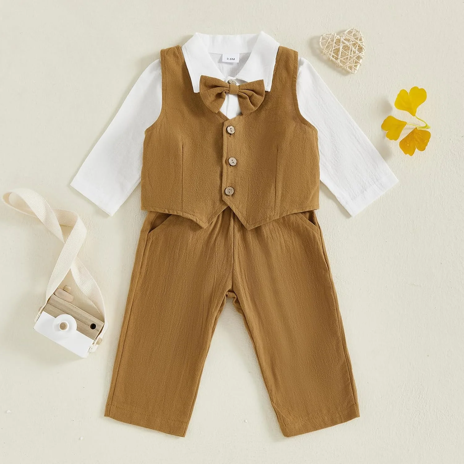 ست لباس نوزاد پسرانه Santikisler، پیراهن آستین بلند، رامپر، پاپیون، جلیقه، شلوار بند دار، لباس پاییزی