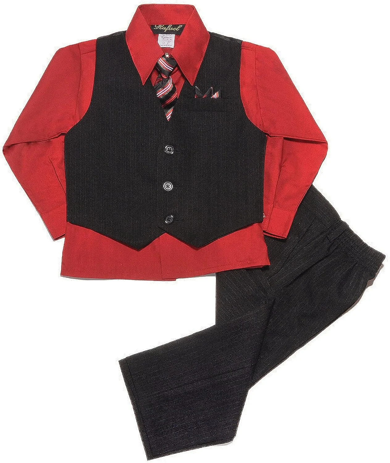 ست لباس پسرانه نوزادی نانسی آگوست، شامل دو کراوات همرنگ! لباس پسرانه، ست جلیقه راه راه مشکی، مشکی/قرمز، 18 ماهگی