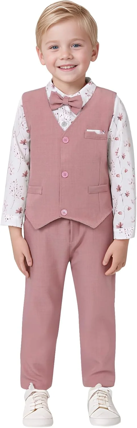ست لباس پسرانه نیلیکاستا، مناسب برای کودکان 1 تا 9 سال، شامل پیراهن رسمی، پاپیون، جلیقه و شلوار بنددار، مناسب برای عروسی و مراسم رسمی