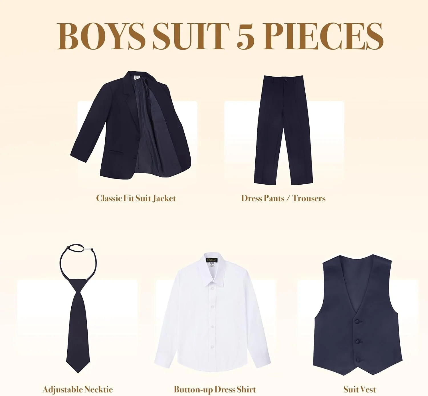 ست کت و شلوار رسمی 5 تکه پسرانه Luca Gabriel، مدل کلاسیک، بدون دم، رنگ خاکی، به همراه کراوات و جلیقه