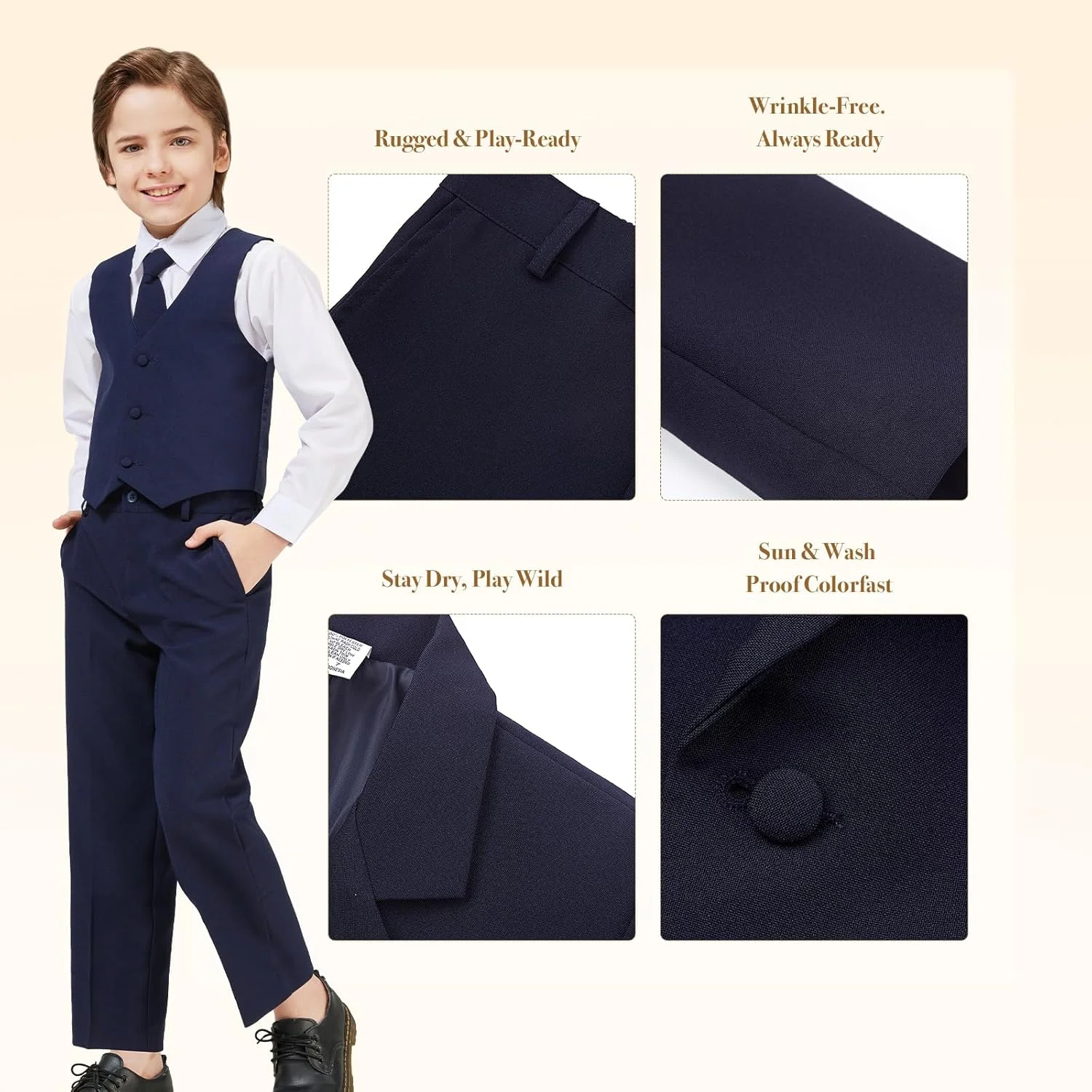 ست کت و شلوار رسمی 5 تکه پسرانه Luca Gabriel، مدل کلاسیک، بدون دم، رنگ خاکی، به همراه کراوات و جلیقه