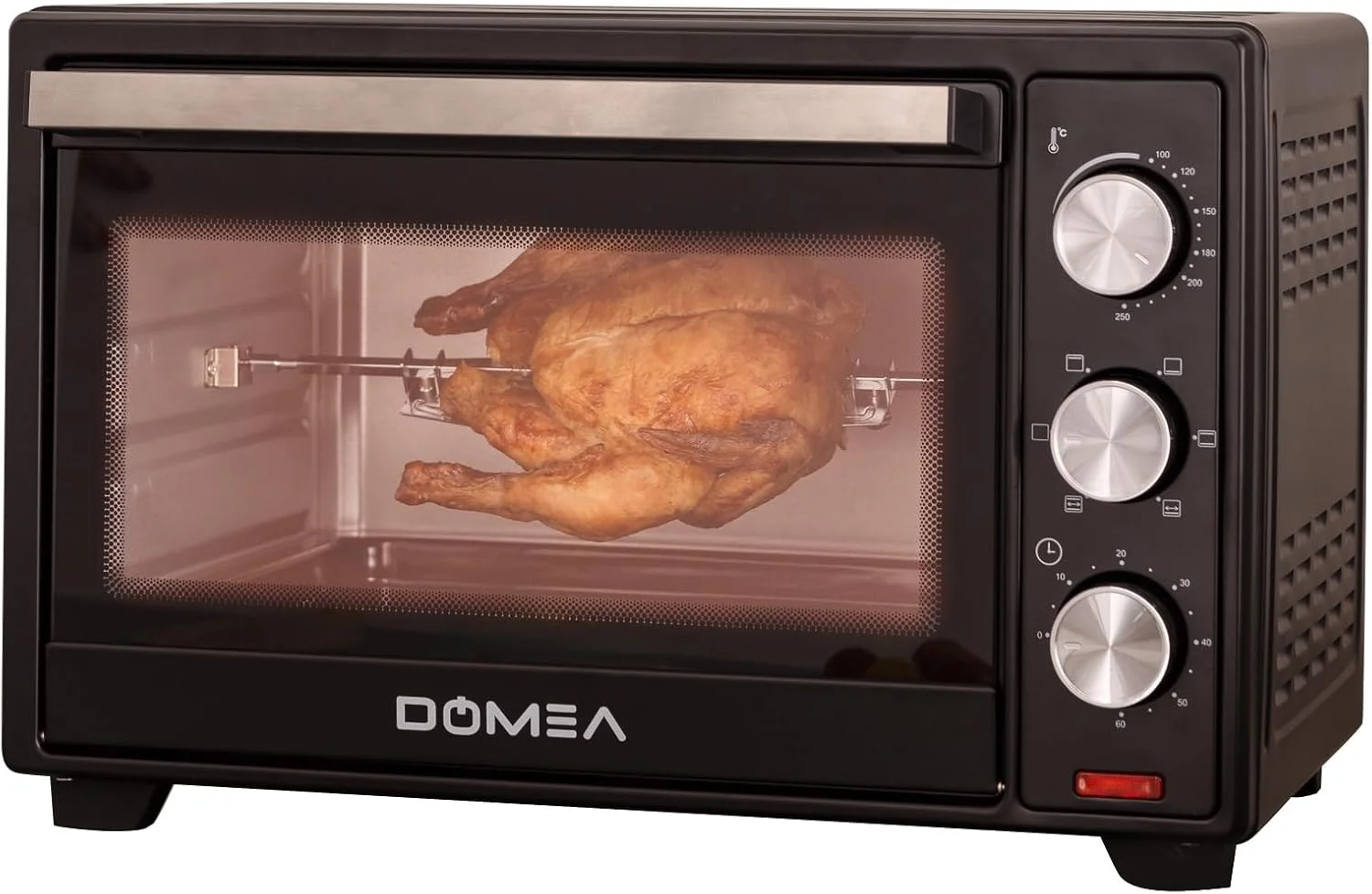 توستر برقی DOMEA، 25 لیتری، فر رومیزی با جوجه گردان | دارای سینی گریل و پخت و پز، دمای قابل تنظیم | برای تست کردن، پخت، برشته کردن و گریل کردن، 1600 وات، مشکی