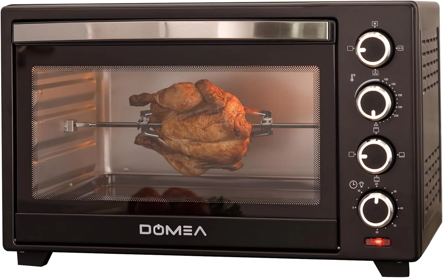 فر برقی توستر DOMEA با ظرفیت 40 لیتر، دارای جوجه گردان و کانوکشن، فر رومیزی، دمای قابل تنظیم (100-250 درجه سانتیگراد)، تایمر 60 دقیقه ای، برای تست کردن، پخت، برشته کردن و گریل کردن، 1600 وات، مشکی