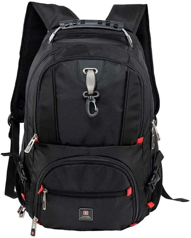 کوله پشتی لوکس Swiss Military با محفظه لپ تاپ 15.6 اینچی، مقاوم در برابر پارگی و بادوام از جنس پلی استر 1000D، دسته سیمی، پشت پد دار، جیب پاوربانک، شارژ USB/Aux، دارای 2 جا بطری - مشکی