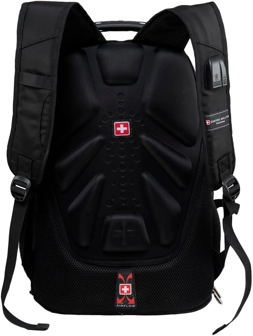 کوله پشتی لوکس Swiss Military با محفظه لپ تاپ 15.6 اینچی، مقاوم در برابر پارگی و بادوام از جنس پلی استر 1000D، دسته سیمی، پشت پد دار، جیب پاوربانک، شارژ USB/Aux، دارای 2 جا بطری - مشکی