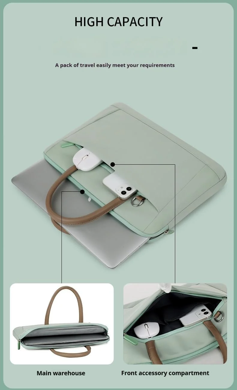 کیف لپ تاپ زنانه، کیف شانه ای 15.6 اینچی، کیف آستین لپ تاپ ضد آب، کیف کار اداری تجاری، کیف دستی کامپیوتر (سبز)