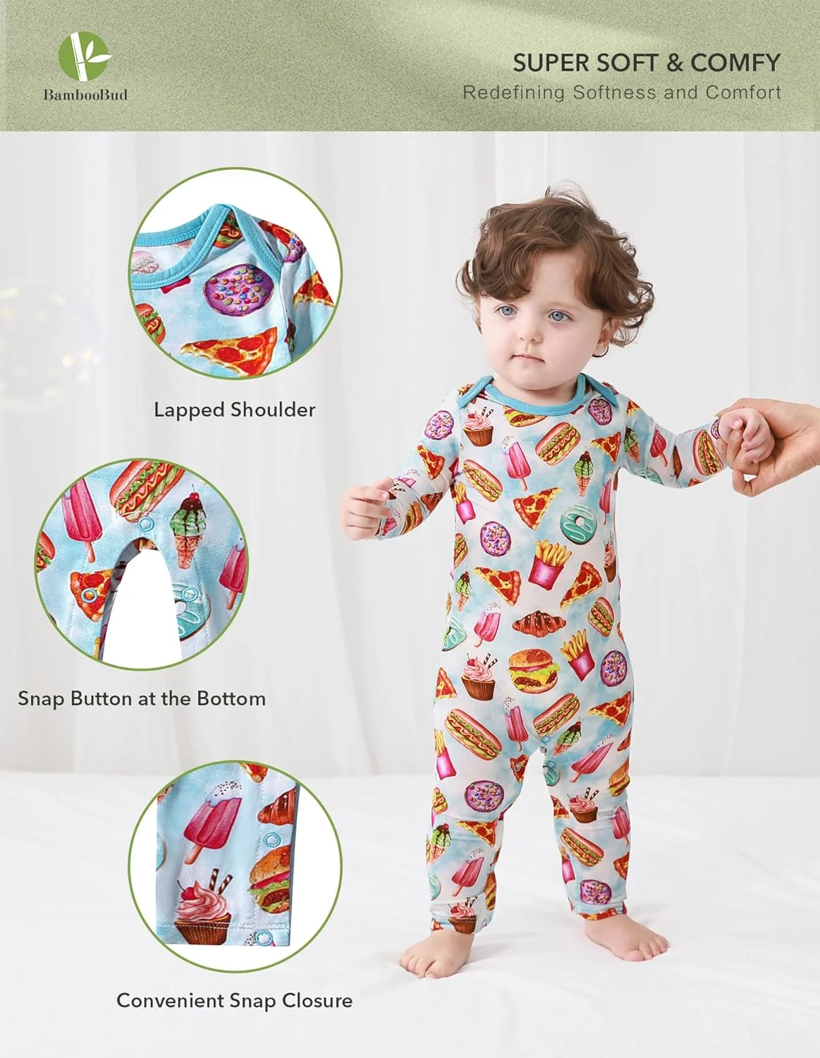 رامپرز آستین بلند نوزادی بامبو باد دخترانه پسرانه، لباس خواب چسبان نوزادی ویسکوز بامبو