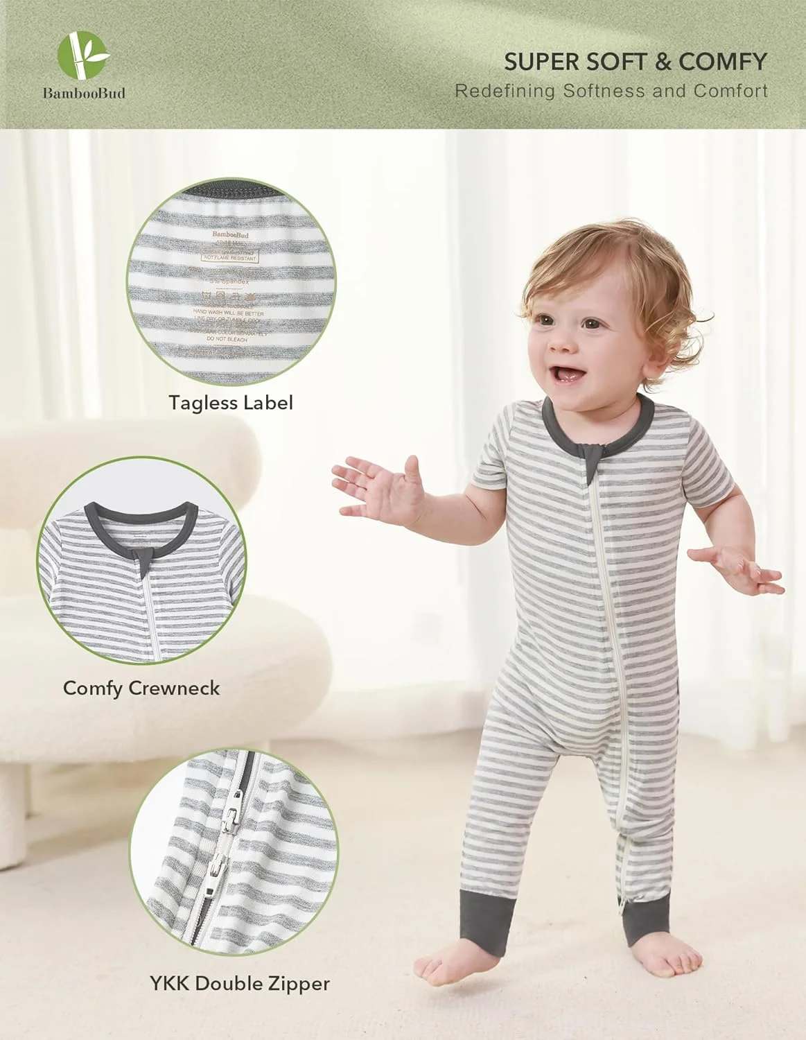 رامپر نوزادی دخترانه و پسرانه بامبو باد، لباس خواب زیپ دار آستین کوتاه نوزاد، جامپسوت ویسکوز دو تکه رامپر نوزادی دخترانه و پسرانه بامبو باد، لباس خواب زیپ دار آستین کوتاه نوزاد، جامپسوت ویسکوز دو تکه