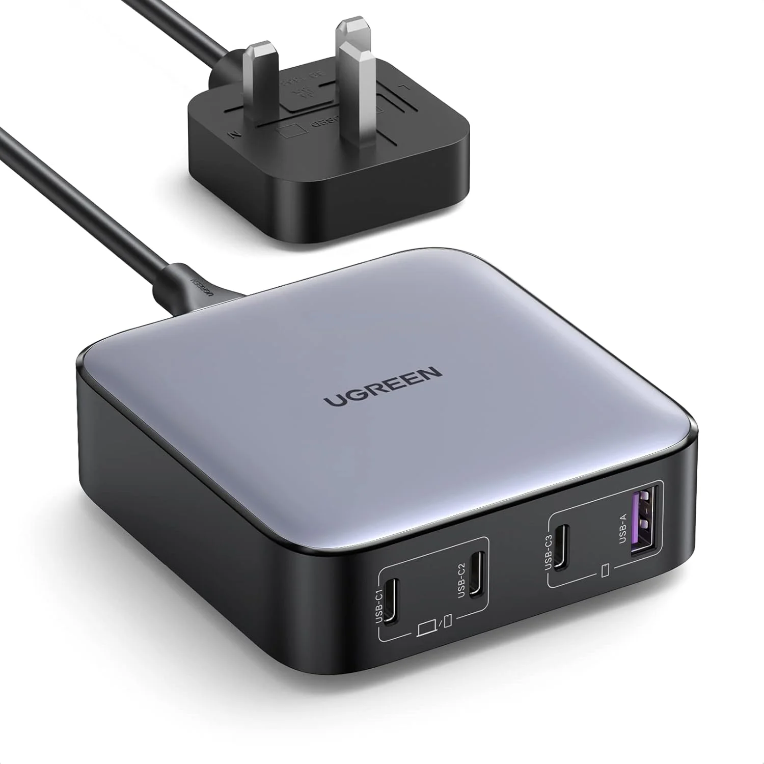 ایستگاه شارژ USB C چهار پورت 100 واتی UGREEN Nexode، آداپتور شارژ سریع GaN برای لپ تاپ با محافظت چندگانه، شارژر پایه رومیزی پایدار برای MacBook Air/iPhone 17 Pro Max/Samsung S25/24U (دوشاخه 2 متری UK)