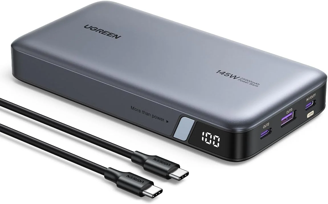 پاور بانک 25000mAh 145W UGREEN شارژر قابل حمل لپ تاپ با خروجی 3 پورت USB C شارژ سریع، بسته باتری نمایشگر دیجیتال هوشمند برای سری آیفون 17، سامسونگ S25U، مک بوک، دل، آیپد، ایرپاد و غیره