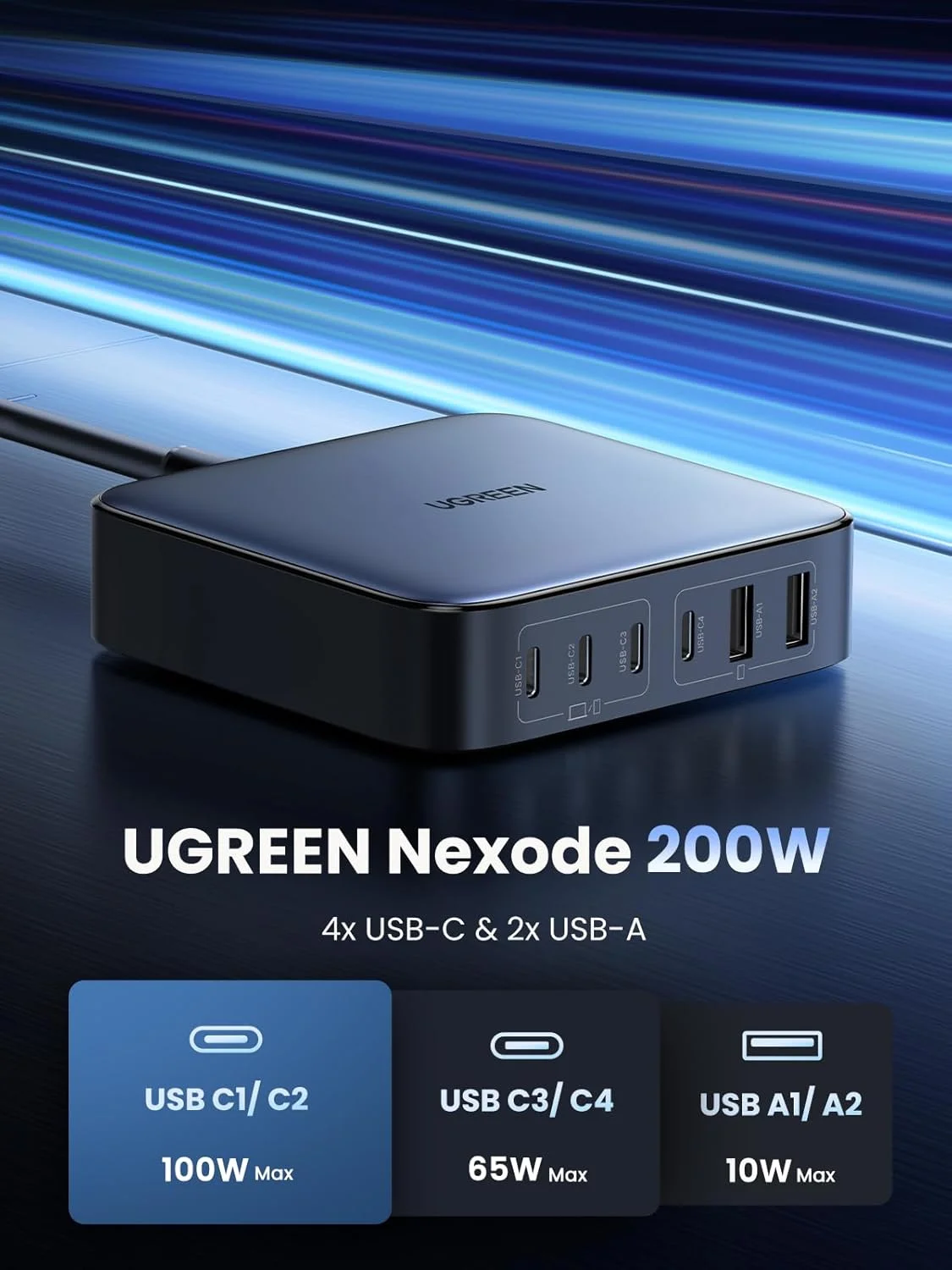 ایستگاه شارژ USB C چهار پورت 100 واتی UGREEN Nexode، آداپتور شارژ سریع GaN برای لپ تاپ با محافظت چندگانه، شارژر پایه رومیزی پایدار برای MacBook Air/iPhone 17 Pro Max/Samsung S25/24U (دوشاخه 2 متری UK)