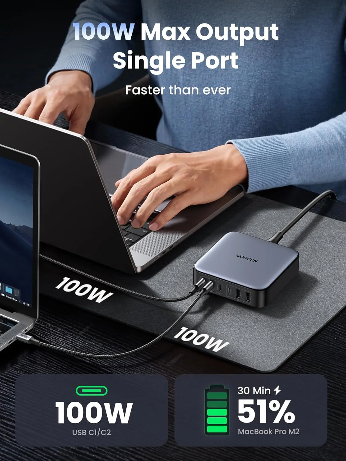 ایستگاه شارژ USB C چهار پورت 100 واتی UGREEN Nexode، آداپتور شارژ سریع GaN برای لپ تاپ با محافظت چندگانه، شارژر پایه رومیزی پایدار برای MacBook Air/iPhone 17 Pro Max/Samsung S25/24U (دوشاخه 2 متری UK)