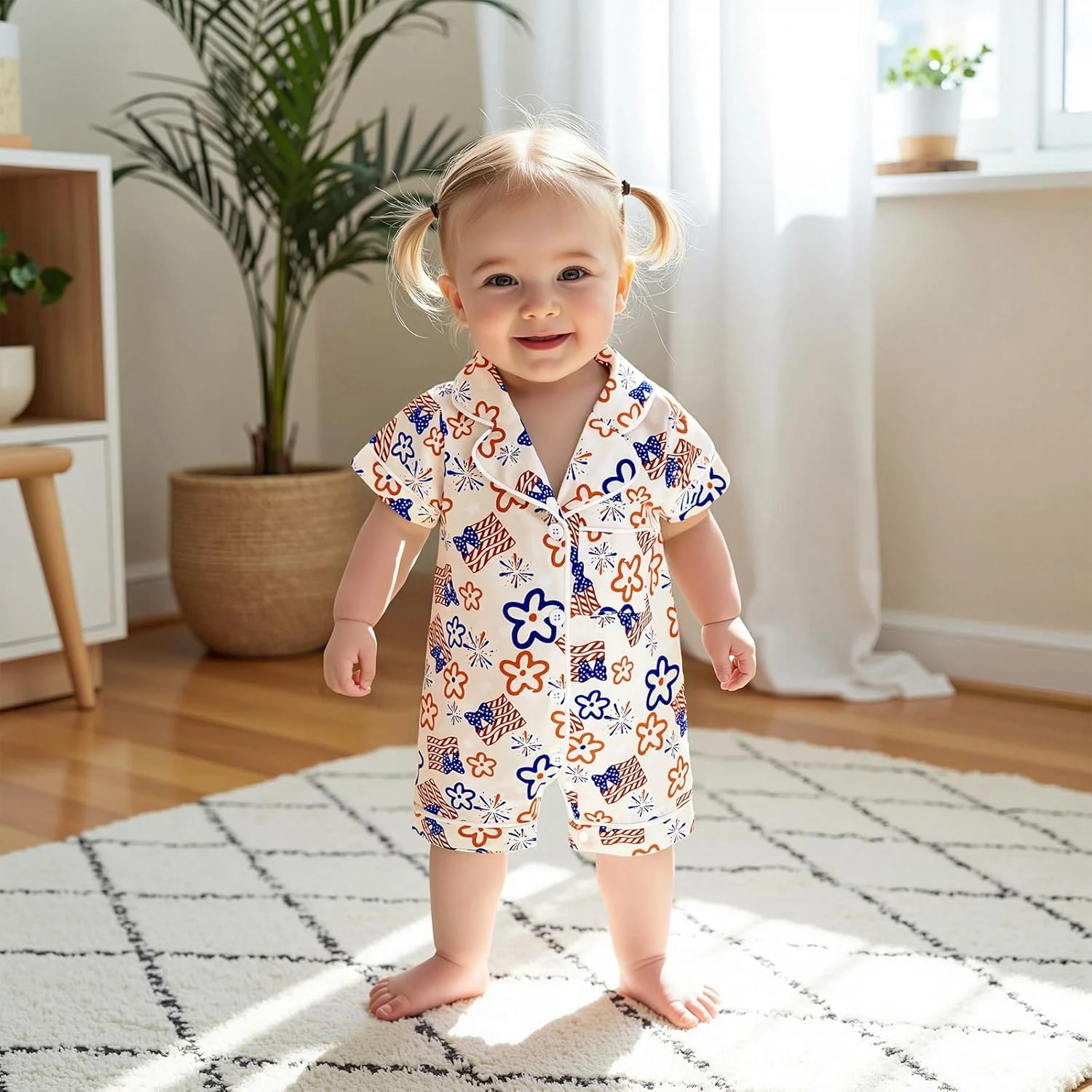 لباس خواب نوزادی تابستانی پسرانه دخترانه دکمه دار رامپر لباس خواب یک تکه نوزاد