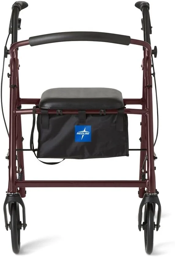 واکر رولیتور آلومینیومی Medline با صندلی، واکر چرخدار تاشو با چرخ های 8 اینچی، رنگ بورگاندی