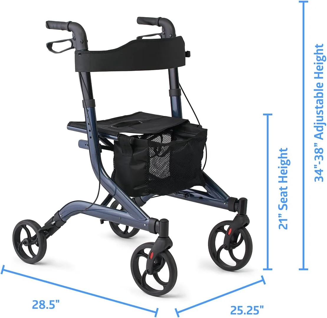 رولیتور تاشو آلومینیومی سبک اروپایی Medline با پشتی، ظرفیت 300 پوند، سرمه ای - برای آسیب های پا و ساق پا و بعد از جراحی، 1 عدد