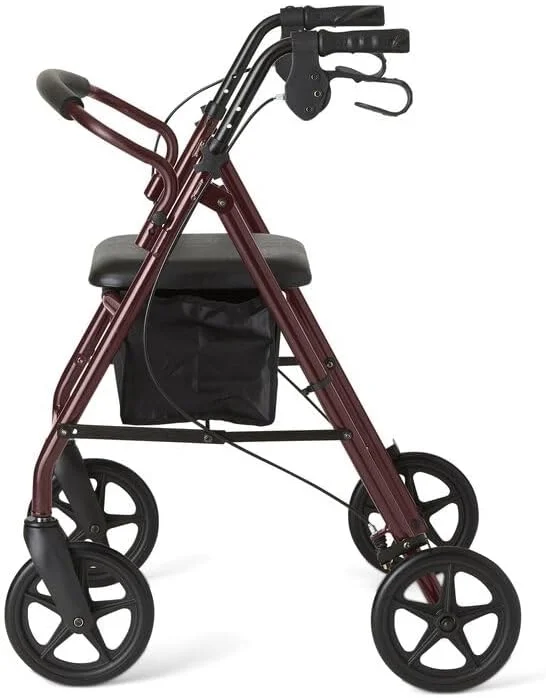 واکر رولیتور آلومینیومی Medline با صندلی، واکر چرخدار تاشو با چرخ های 8 اینچی، رنگ بورگاندی