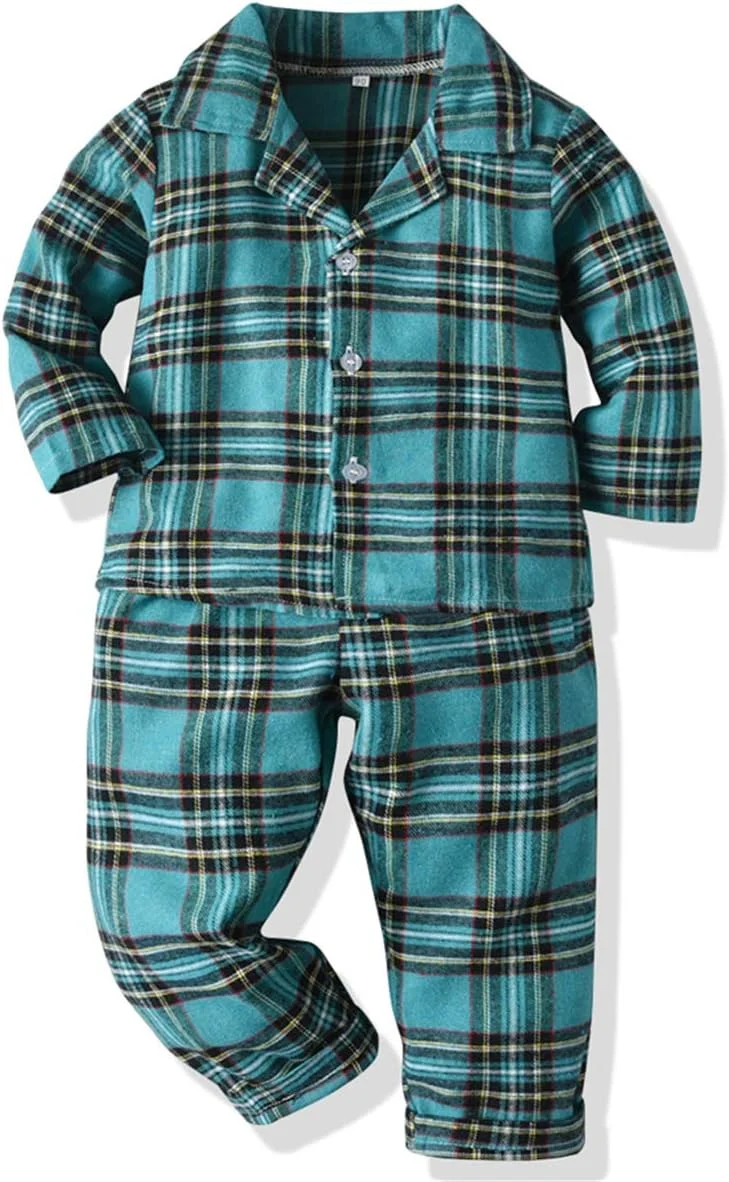 ست پیژامه چهارخانه بچگانه Schbbbta، لباس خواب دکمه دار دو تکه پسرانه/دخترانه، سبز، 18-24 ماهگی = تگ 100 ست پیژامه چهارخانه بچگانه Schbbbta، لباس خواب دکمه دار دو تکه پسرانه/دخترانه، سبز، 18-24 ماهگی = تگ 100