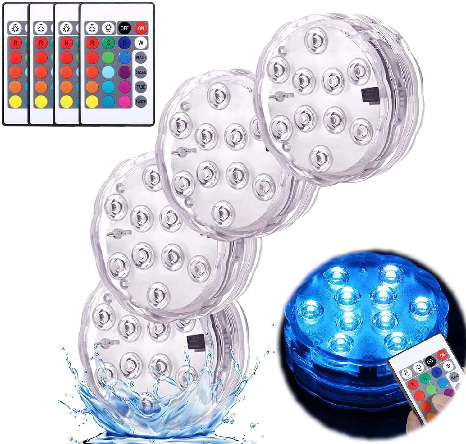 چراغ های LED غوطه ور ELECDON، چراغ های استخری با کنترل از راه دور 10 LED روشن چند رنگ ضد آب زیر آب، برای باغ، آکواریوم، استخر شنا، آکواریوم ماهی، پایه گلدان، دکوراسیون منزل (4 عدد)