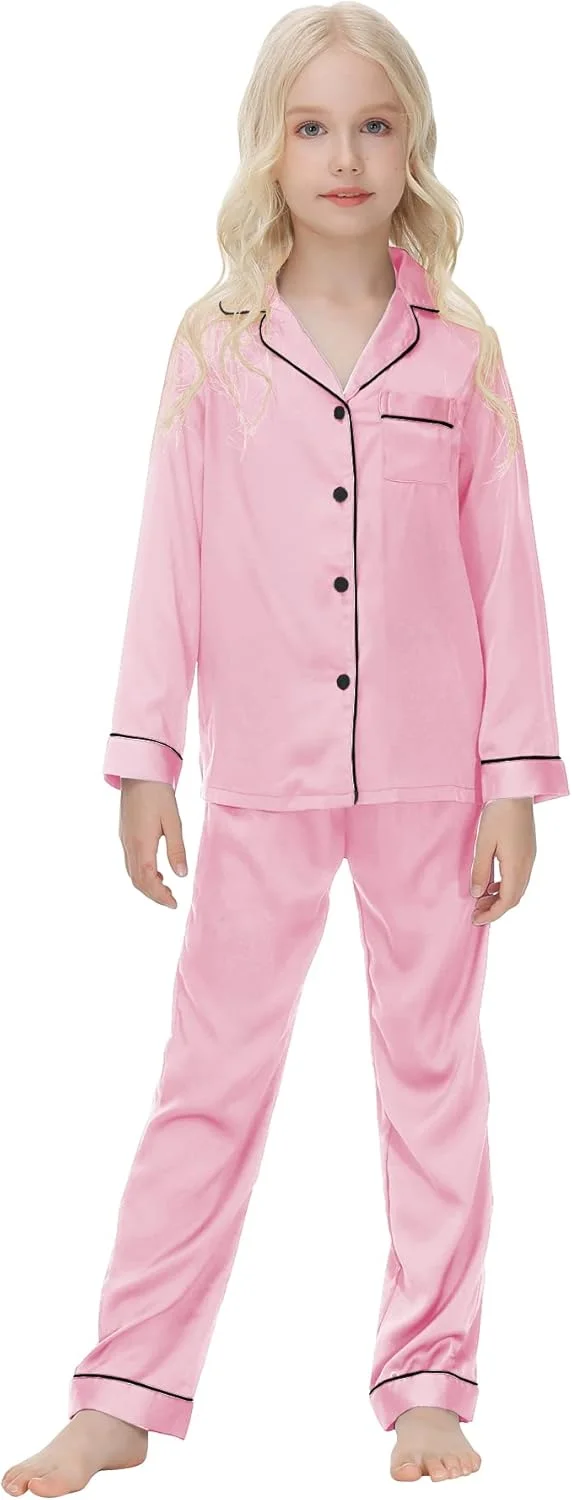 ست پیژامه ساتن بچه گانه Verve Jelly، مناسب دختران و پسران نوپا، شامل بلوز آستین بلند دکمه دار و شلوار بلند، لباس خواب ست پیژامه ساتن بچه گانه Verve Jelly، مناسب دختران و پسران نوپا، شامل بلوز آستین بلند دکمه دار و شلوار بلند، لباس خواب