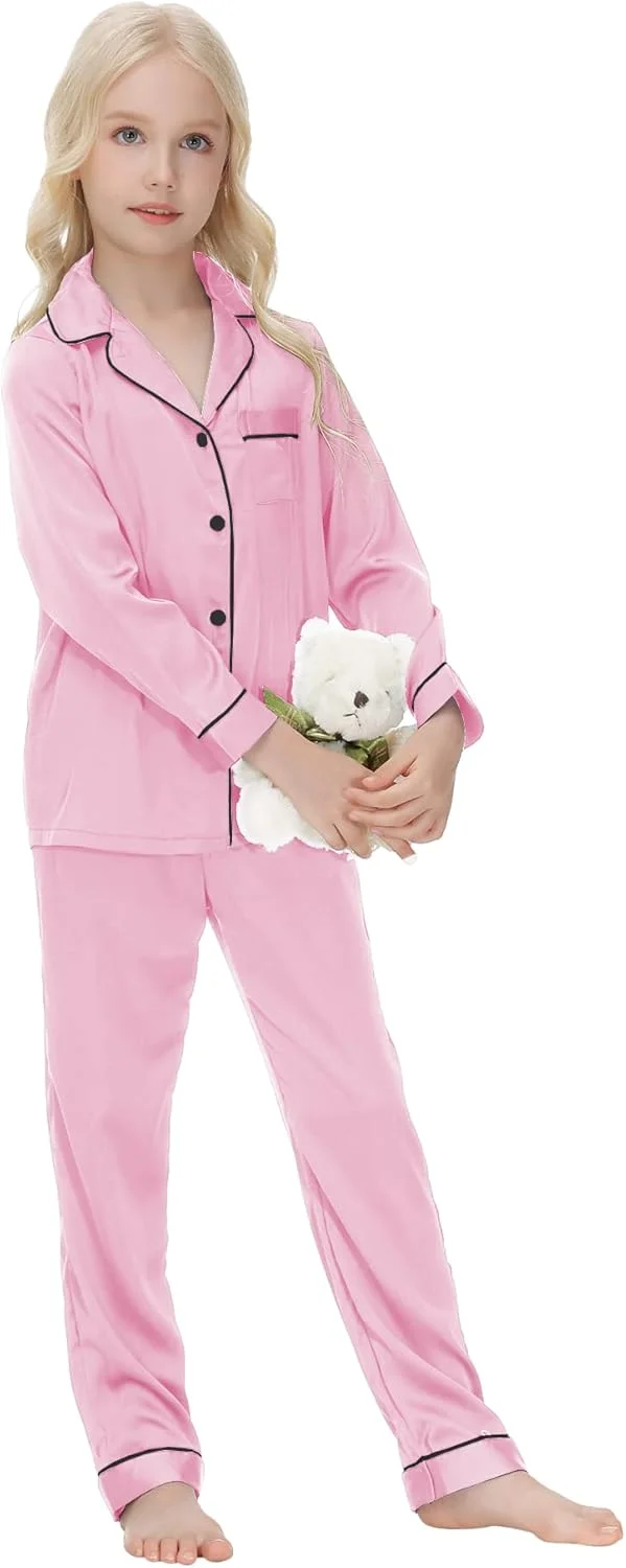 ست پیژامه ساتن بچه گانه Verve Jelly، مناسب دختران و پسران نوپا، شامل بلوز آستین بلند دکمه دار و شلوار بلند، لباس خواب ست پیژامه ساتن بچه گانه Verve Jelly، مناسب دختران و پسران نوپا، شامل بلوز آستین بلند دکمه دار و شلوار بلند، لباس خواب