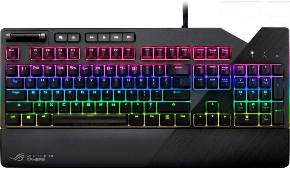 کیبورد گیمینگ مکانیکی ایسوس ROG Strix Flare با نورپردازی Aura Sync RGB (Cherry MX Brown)، سوییچ‌های Cherry MX Brown، نشان قابل تنظیم، USB Pass Through و کنترل‌های رسانه